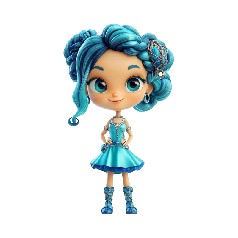 Aquamarina Adventures Fashion Doll chibi princess teal braided updo silver orbital clip big teal eyes aqua satin mini dress silver crystal corset blue crystal lace knee boots white background