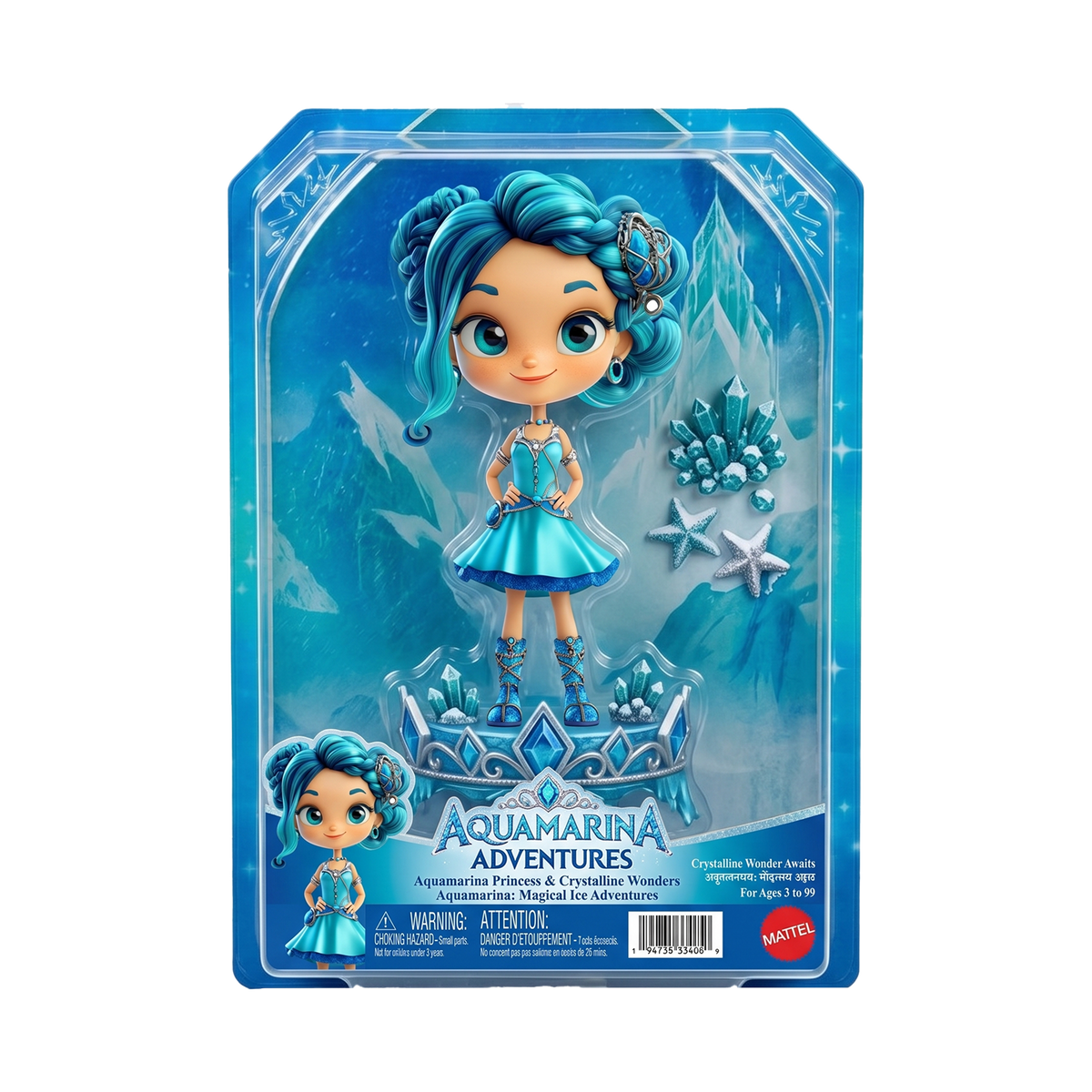 Aquamarina Adventures Mattel royal blue window box packaging ice crystal cave backdrop teal crystal cluster silver starfish accessories crystal tiara display stand Crystalline Wonders branding