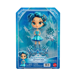 Aquamarina Adventures Mattel royal blue window box packaging ice crystal cave backdrop teal crystal cluster silver starfish accessories crystal tiara display stand Crystalline Wonders branding