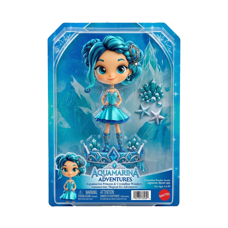 Aquamarina Adventures Mattel royal blue window box packaging ice crystal cave backdrop teal crystal cluster silver starfish accessories crystal tiara display stand Crystalline Wonders branding