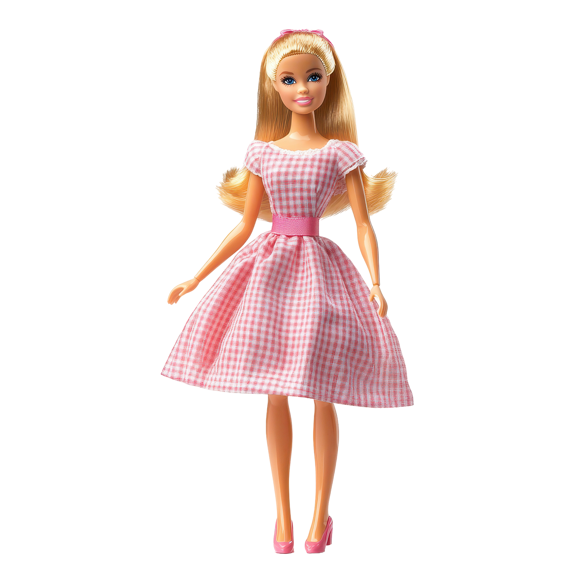 Gingham Girls Picnic Princess Fashion Doll full-proportion blonde hair pink bow headband blue eyes pink white gingham check midi dress puff sleeves white ruffle trim pink satin belt pink heels white background