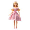 Gingham Girls Picnic Princess Fashion Doll full-proportion blonde hair pink bow headband blue eyes pink white gingham check midi dress puff sleeves white ruffle trim pink satin belt pink heels white background