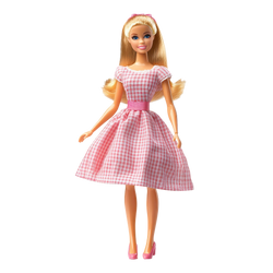 Gingham Girls Picnic Princess Fashion Doll full-proportion blonde hair pink bow headband blue eyes pink white gingham check midi dress puff sleeves white ruffle trim pink satin belt pink heels white background