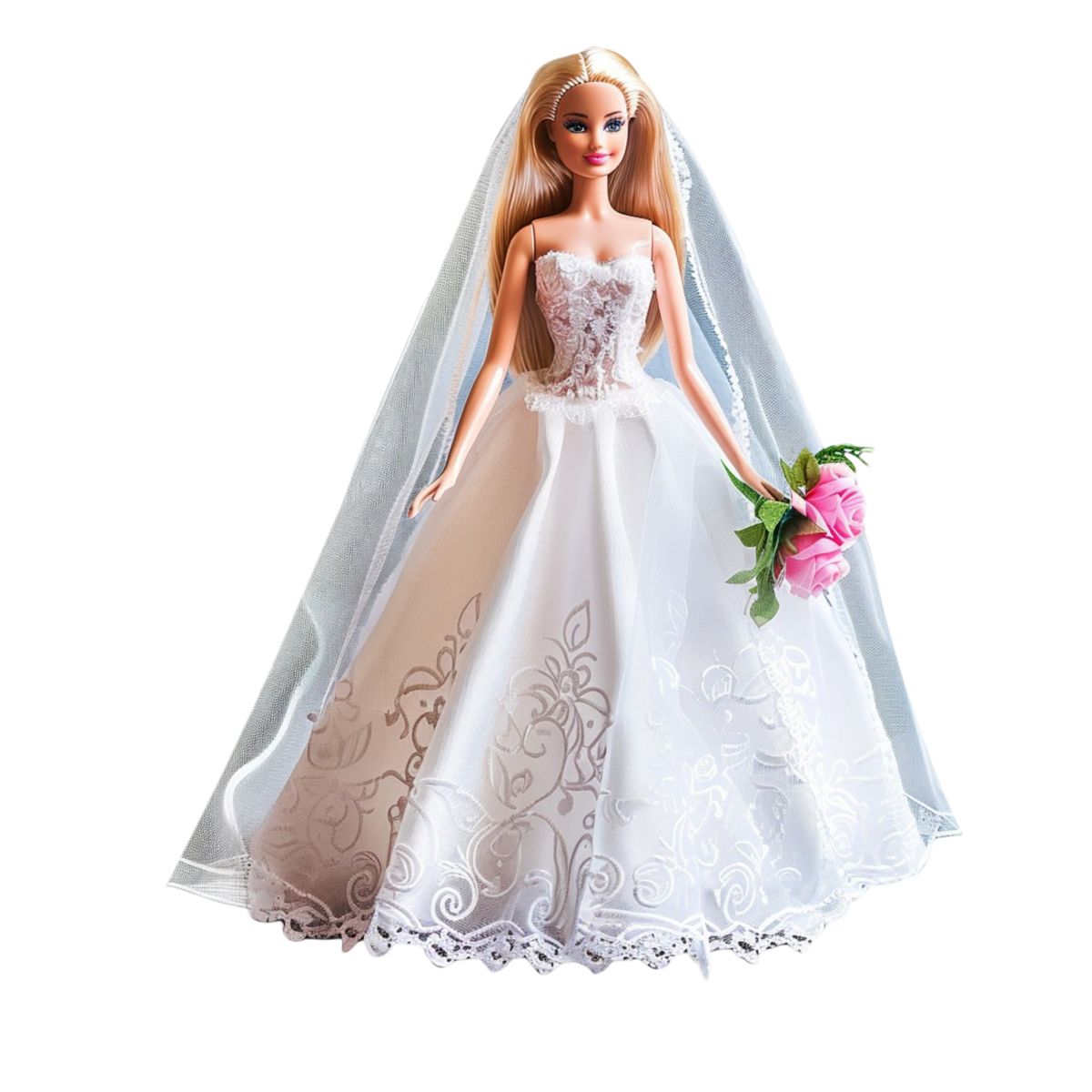 Bridal Dreams Fashion Doll full-proportion bride doll long golden blonde hair sparkling blue eyes white bridal ball gown floral lace bodice silver scroll botanical embroidery cathedral veil pink rose bouquet
