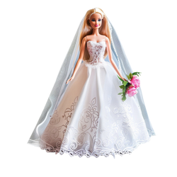Bridal Dreams Fashion Doll full-proportion bride doll long golden blonde hair sparkling blue eyes white bridal ball gown floral lace bodice silver scroll botanical embroidery cathedral veil pink rose bouquet