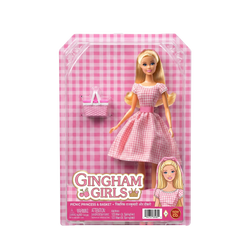 Gingham Girls Picnic Princess Basket Toy Co. pink gingham window box packaging miniature pink white wicker picnic basket Picnic Princess Basket ages 2 plus branding