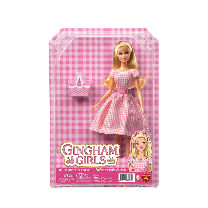 Gingham Girls Picnic Princess Basket Toy Co. pink gingham window box packaging miniature pink white wicker picnic basket Picnic Princess Basket ages 2 plus branding