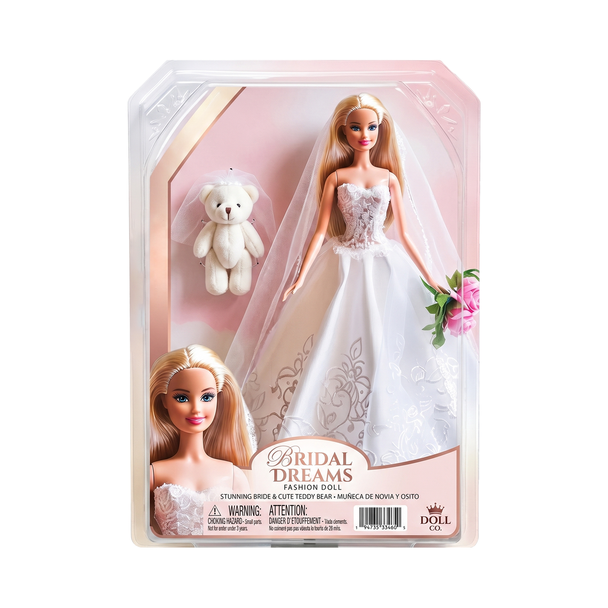 Bridal Dreams Fashion Doll Doll Co. blush pink gold window box packaging tiny white fluffy teddy bear companion Stunning Bride Cute Teddy Bear bridal gown cathedral veil pink roses