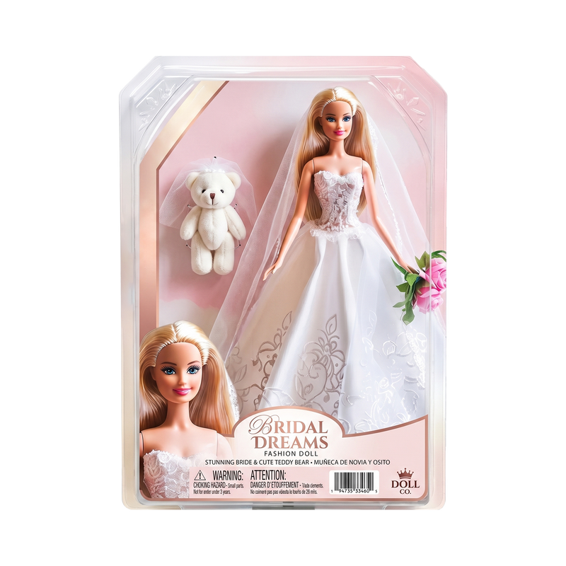 Bridal Dreams Fashion Doll Doll Co. blush pink gold window box packaging tiny white fluffy teddy bear companion Stunning Bride Cute Teddy Bear bridal gown cathedral veil pink roses