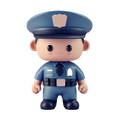 Little Officer Chibi Police Figure 3D rendered front view navy blue police uniform badge name tag tie utility belt pouches officer cap silver shield badge button eyes rosy cheeks white background