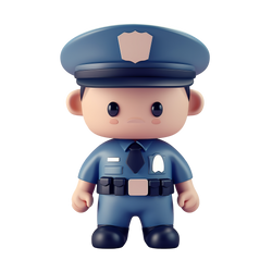 Little Officer Chibi Police Figure 3D rendered front view navy blue police uniform badge name tag tie utility belt pouches officer cap silver shield badge button eyes rosy cheeks white background