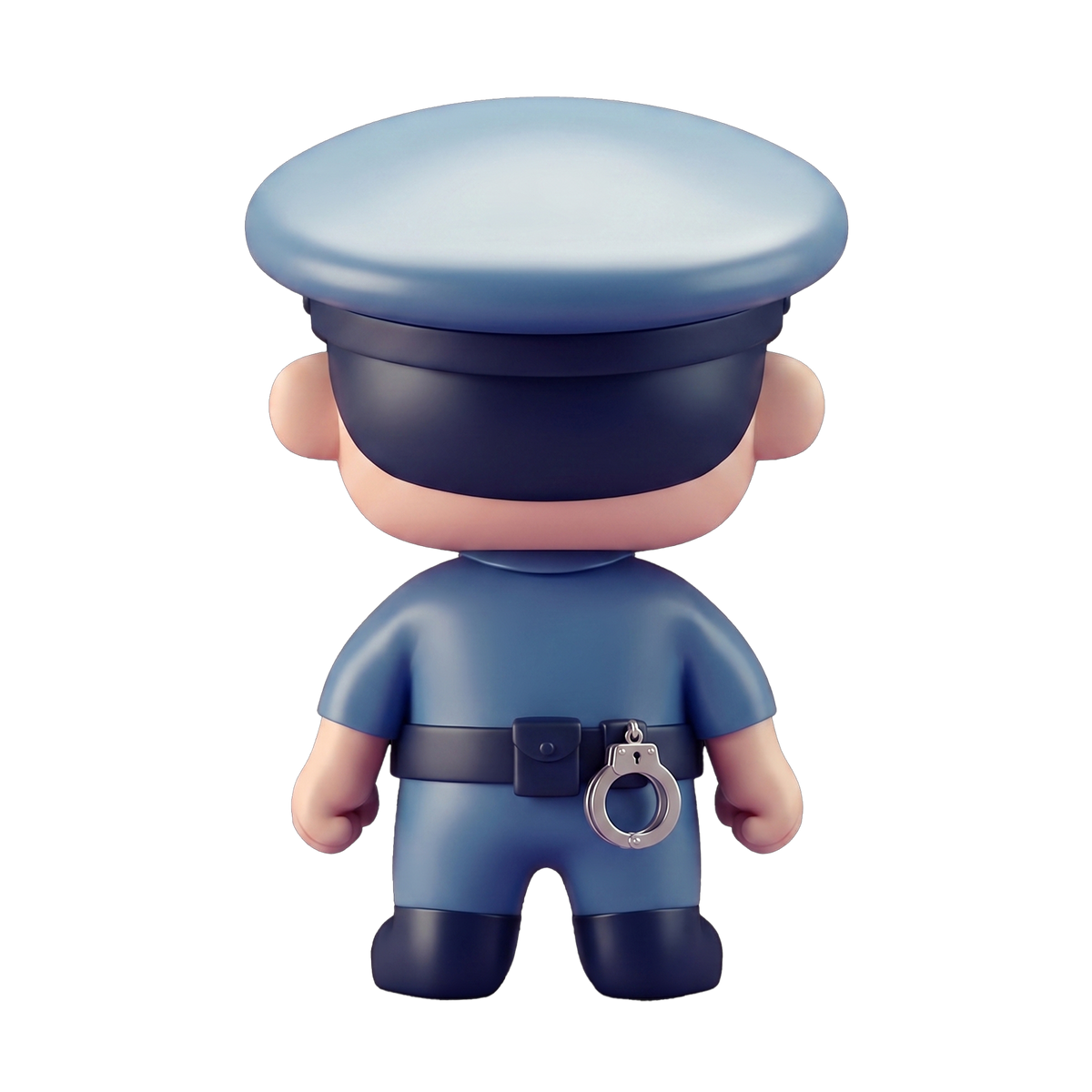 Little Officer Chibi Police Figure 3D rendered back view navy uniform utility belt miniature silver handcuff clipped belt detail navy officer cap black boots white background