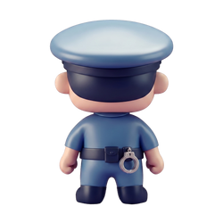 Little Officer Chibi Police Figure 3D rendered back view navy uniform utility belt miniature silver handcuff clipped belt detail navy officer cap black boots white background