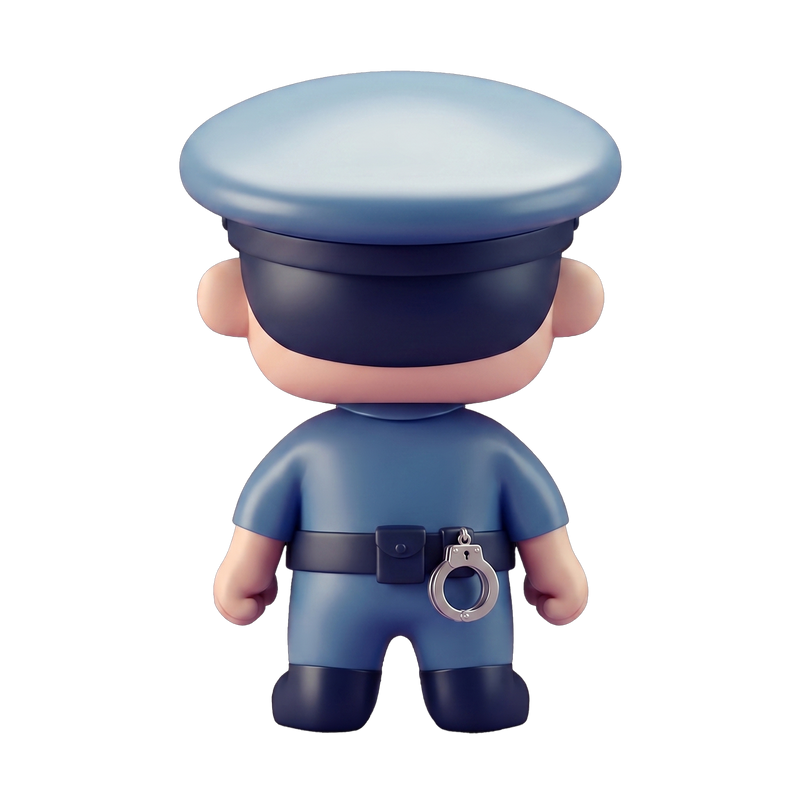 Little Officer Chibi Police Figure 3D rendered back view navy uniform utility belt miniature silver handcuff clipped belt detail navy officer cap black boots white background