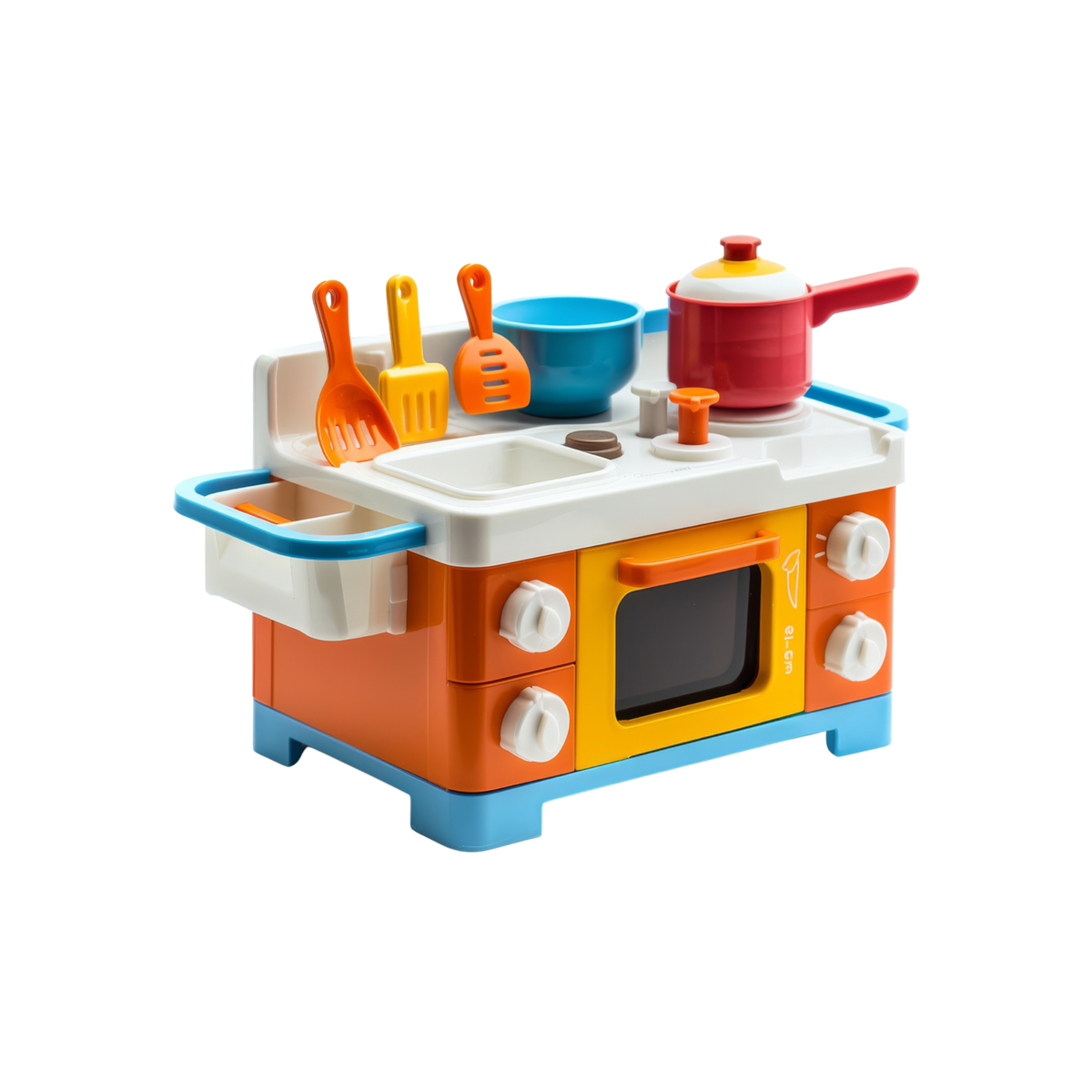 Little Chef Kitchen Playset bright orange yellow sky-blue toy kitchen oven hob sink white countertop red saucepan yellow lid blue mixing bowl orange spatula yellow slotted spoon ladle white background