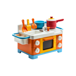Little Chef Kitchen Playset bright orange yellow sky-blue toy kitchen oven hob sink white countertop red saucepan yellow lid blue mixing bowl orange spatula yellow slotted spoon ladle white background