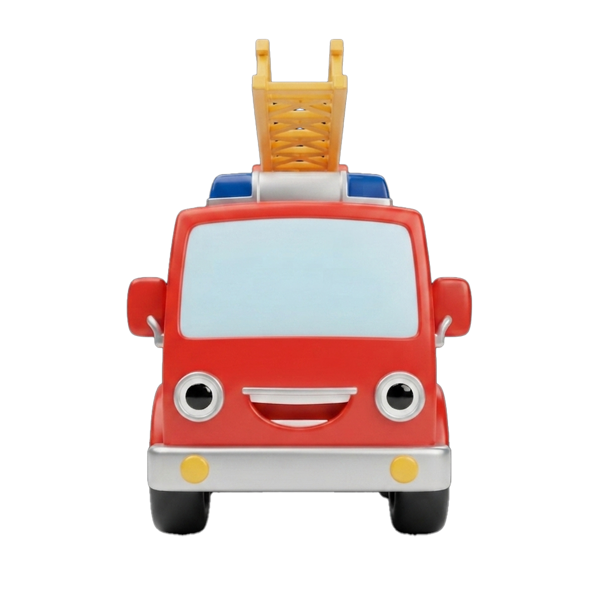Blaze the Fire Engine chibi fire truck front face view bright red round button eyes silver grille smile blue light bar yellow fog lights silver bumper yellow extending ladder raised straight up white background