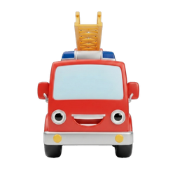 Blaze the Fire Engine chibi fire truck front face view bright red round button eyes silver grille smile blue light bar yellow fog lights silver bumper yellow extending ladder raised straight up white background