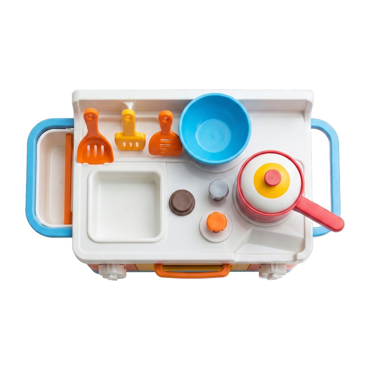Little Chef Kitchen Playset top-down bird eye view white countertop sink basin hob control buttons red saucepan yellow lid sky-blue bowl orange yellow cooking utensils laid out overhead shot