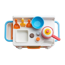 Little Chef Kitchen Playset top-down bird eye view white countertop sink basin hob control buttons red saucepan yellow lid sky-blue bowl orange yellow cooking utensils laid out overhead shot