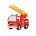 Blaze the Fire Engine three-quarter angle view red chibi body blue light bar yellow lattice ladder deployed 45 degrees silver equipment panel yellow hose nozzle silver hubcap wheels white background