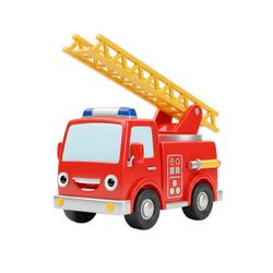Blaze the Fire Engine three-quarter angle view red chibi body blue light bar yellow lattice ladder deployed 45 degrees silver equipment panel yellow hose nozzle silver hubcap wheels white background