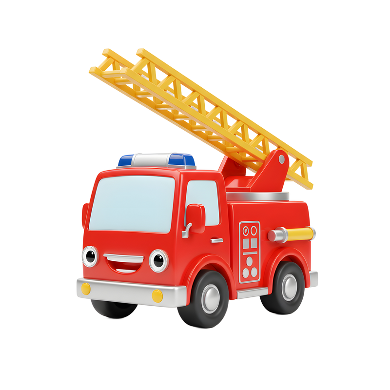 Blaze the Fire Engine three-quarter angle view red chibi body blue light bar yellow lattice ladder deployed 45 degrees silver equipment panel yellow hose nozzle silver hubcap wheels white background