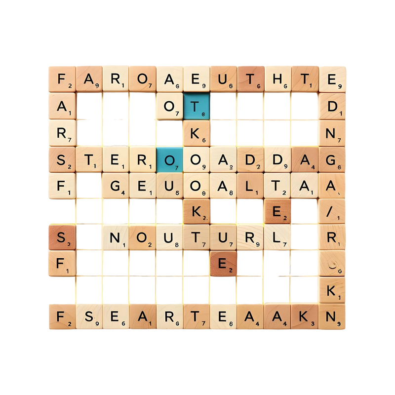 WordCraft Wooden Letter Tile Game flatlay tiles arranged crossword pattern white background point values 1-9 corners two teal turquoise bonus tiles warm natural wood tones maple tan detail shot