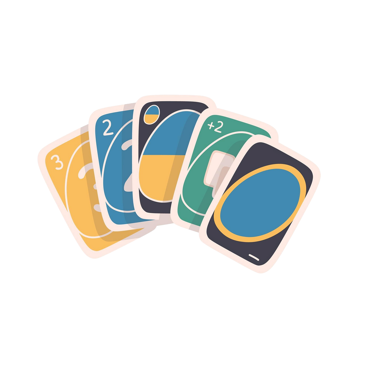 ColorRush Card Game five cards fanned hand yellow number 3 blue number 2 dark navy blue split wild green plus 2 draw card navy wild gold oval ring cream borders rounded corners white background