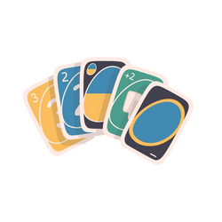 ColorRush Card Game five cards fanned hand yellow number 3 blue number 2 dark navy blue split wild green plus 2 draw card navy wild gold oval ring cream borders rounded corners white background