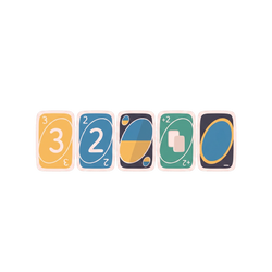 ColorRush Card Game five card types horizontal row white background yellow 3 blue 2 dark navy blue split wild green plus 2 draw two navy wild gold oval ring complete card type showcase detail flatlay
