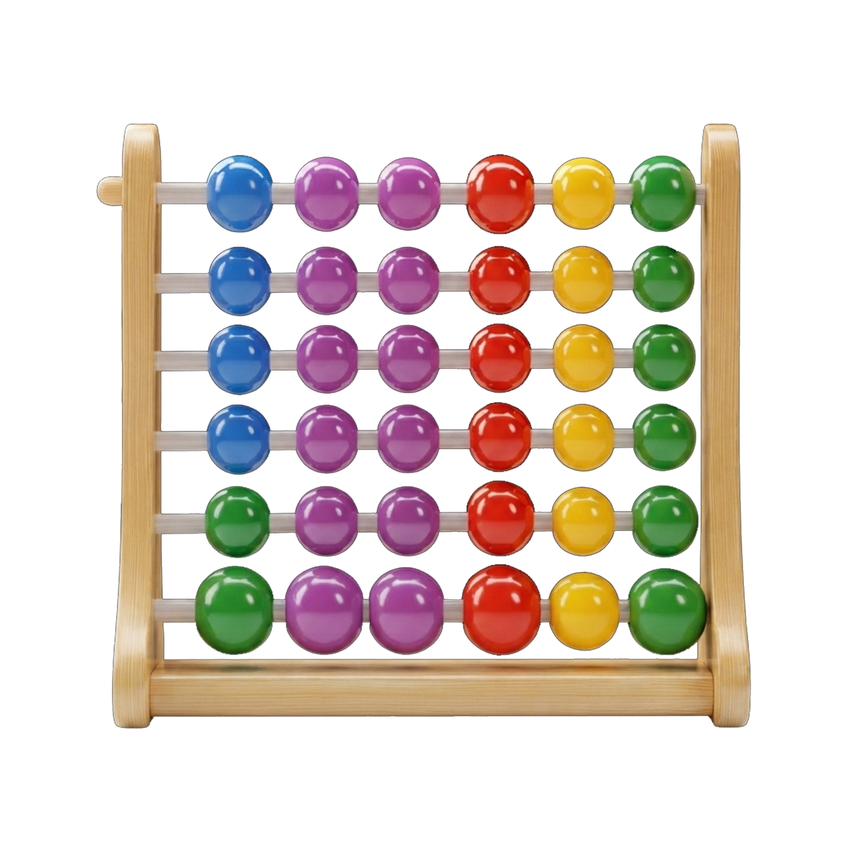 Rainbow Bead Abacus straight-on front view natural honey-pine wooden frame rounded curved uprights 7 rows 5 large glossy beads blue purple red yellow green rainbow pattern 35 beads white background