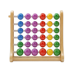 Rainbow Bead Abacus straight-on front view natural honey-pine wooden frame rounded curved uprights 7 rows 5 large glossy beads blue purple red yellow green rainbow pattern 35 beads white background